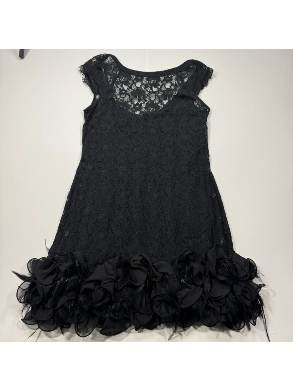 Jessica Simpson Dress Women's 6 Black Floral Cotton Lace Mini Feather-Hem Lined